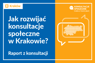 Biały napis na niebiesko-żółtym tle: Jak rozwijać konsultacje społeczne w Krakowie?
Raport z konsultacji