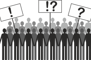 Grafika przedstawia postacie, trzymające w ręku tablice.