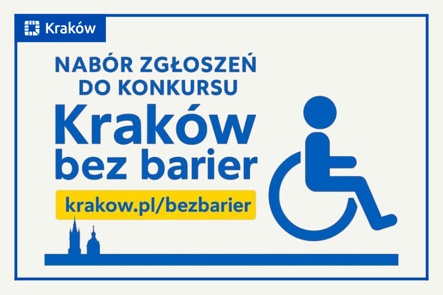 informacja o konkursie Kraków bez barier, piktogram symbolizujący wózek inwalidzki 
