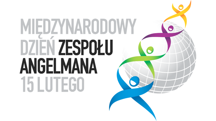 napis na białym tle  Międzynarodowy Dzień Zespołu Angelmana 15 lutego oraz kolorowy logotyp 