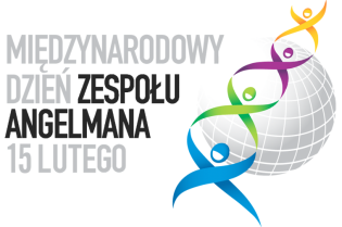 napis na białym tle  Międzynarodowy Dzień Zespołu Angelmana 15 lutego oraz kolorowy logotyp 