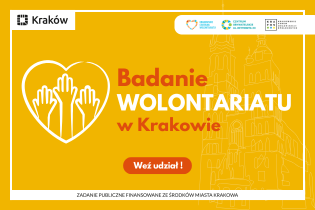 Badania wolontariatu w Krakowie, po lewej stronie rysunek serca z trzema rękami