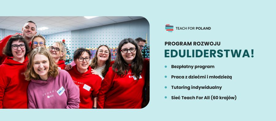 Zdjęcie przedstawia grupę uśmiechniętych ludzi będących wewnątrz sali oraz krótki opis programu.