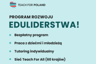 Zdjęcie przedstawia grupę uśmiechniętych ludzi będących wewnątrz sali oraz krótki opis programu.