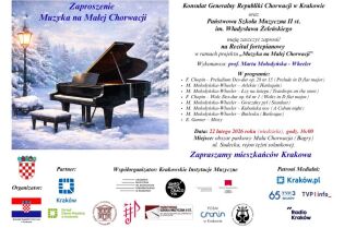 plakat koncertu fortepianowego na Małej Chorwacji. Po prawej stronie czarna czcionka na białym tle program artystyczny koncertu a po lewej stronie grafika czarny fortepian w zimowej scenerii. 