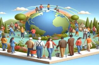 Grafika przedstawia grupę ludzi, pracujących na rzecz ochrony środowiska, na tle kuli ziemskiej.