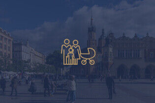 Grafika promująca rozliczenie podatku PIT w Krakowie, z widokiem Rynku Głównego.