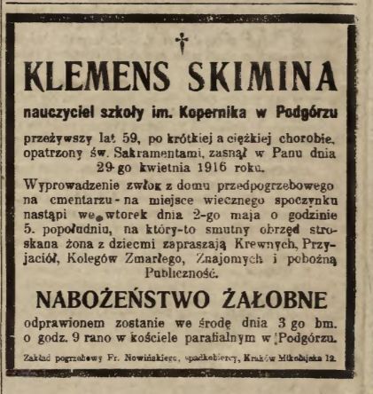 Nekrolog Klemensa Skiminy  