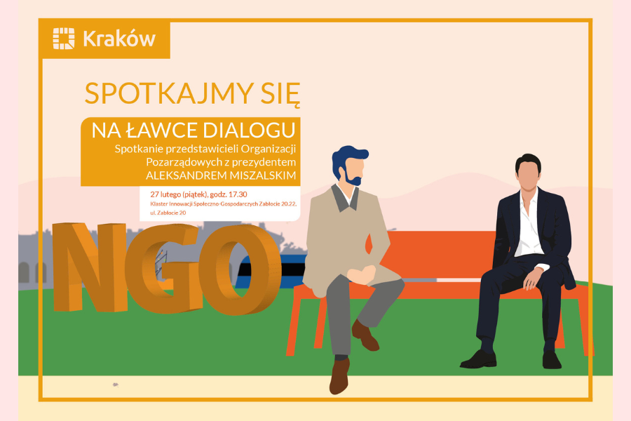 Na grafice widoczni są mężczyźni siedzący na ławce, po prawej stronie informacje na temat wydarzenia, w tle duży napis NGO