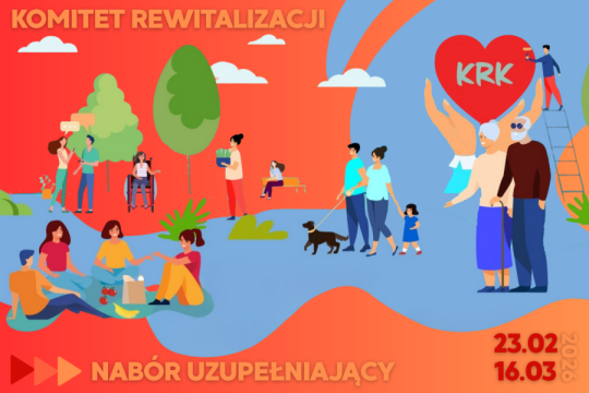 na grafice widnieją postaci ludzi w różnych czynnościach, osoba siedząca na ławce, rodzina z dzieckiem i psem na spacerze, dziewczyna na wózku, grupa znajomych na pikniku