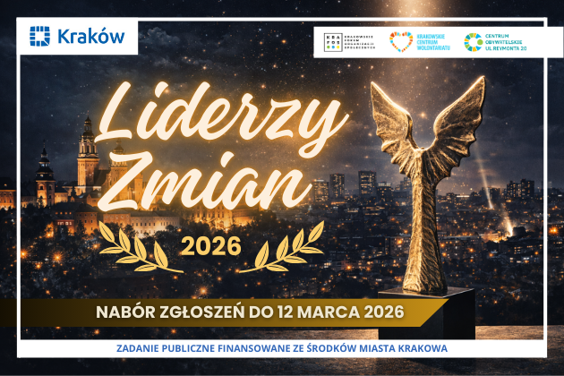 Liderzy wolontariatu, w tel zdjęcie miasta nocą , po prawej stronie złota statuetka 