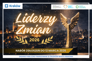 Liderzy wolontariatu, w tel zdjęcie miasta nocą , po prawej stronie złota statuetka 