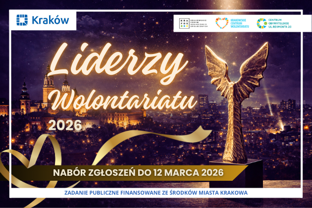 Liderzy Wolontariatu, w tle zdjęcie miasta nocą, po prawej stronie statuetka złota.