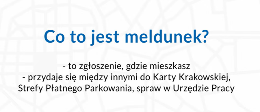 Zrzut ekranu z wyrazami: co to jest meldunek? - to zgłoszenie gdzie mieszkasz. Przydaje się do Kraty Krakowskiej, SPP, spraw w urzędzie pracy.