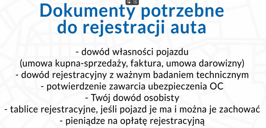 dokumenty potrzebne do rejestracji auta - tekst/screenshot z filmu z yt. na grafice widać elementy składowe dokumenty potrzebne do rejestracji auta.