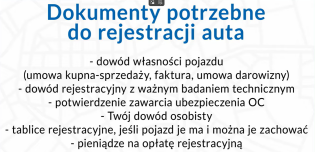 dokumenty potrzebne do rejestracji auta - tekst/screenshot z filmu z yt. na grafice widać elementy składowe dokumenty potrzebne do rejestracji auta.