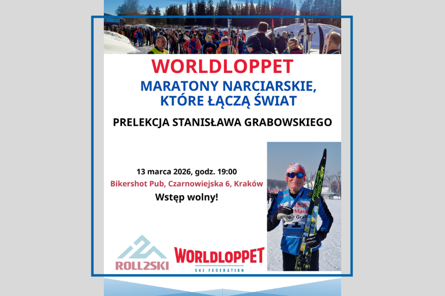 Spotkanie o maratonach narciarskich Worldloppet - plakat informujący o wydarzeniu, w tle zdjęcie mężczyzny w stroju narciarskim 