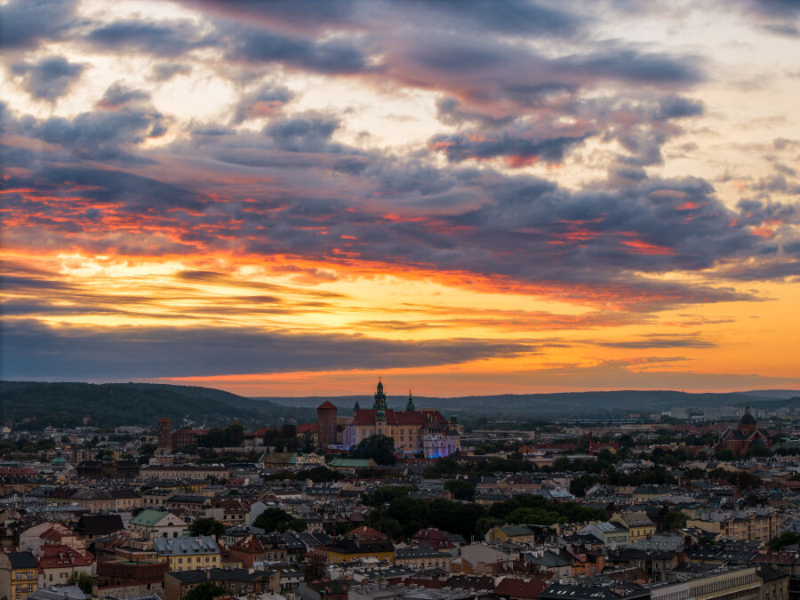Stare Miasto - panorama z lotu ptaka Krakowa.
