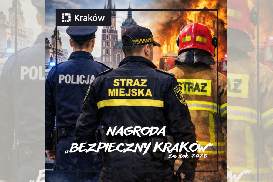 Na grafice widnieją pstacii policjant, strażak i strażnik miejski