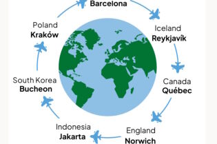 Grafika przedstawiająca rysunkową kule ziemską wokół której jest rozmieszczonych kilka nazw miast i państw a pomiędzy tymi nazwami rysunkowe samoloty i strzałki kierunku ich lotu.  
