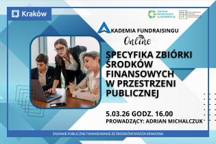 Informacja o warsztatach na temat zbiórki środków finansowych, po prawej stronie zdjęcie 3 osób które pracują przy laptopie 
