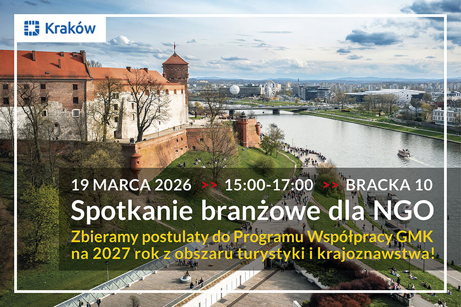 Wydział ds. Turystyki serdecznie zaprasza na spotkanie konsultacyjne, w tle zdjęcie Krakowa