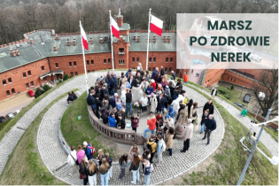 Zdjęcie ludzi wchodzących na kopiec Wandy i hasło Marsz po zdrowe nerki