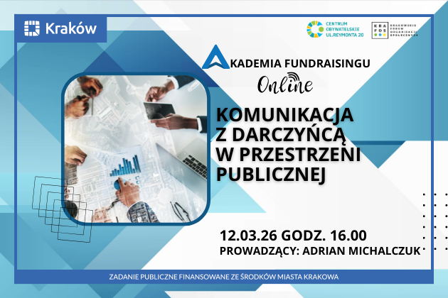 AKADEMIA FUNDRAISINGU, kluczowe informacje na temat wydarzenia, w tle zdjęcie mężczyzny prowadzącego szkolenie 