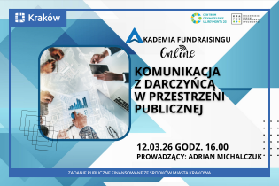 AKADEMIA FUNDRAISINGU, kluczowe informacje na temat wydarzenia, w tle zdjęcie mężczyzny prowadzącego szkolenie 