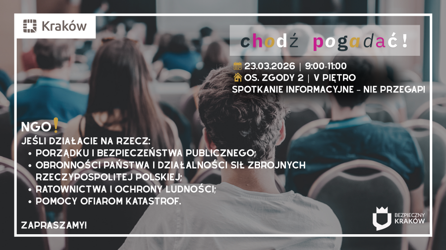 Programu poprawy bezpieczeństwa dla miasta Krakowa na lata 2025-2028, informacje na temat spotkania, w tle zdjęcie sali pełnej ludzi. 