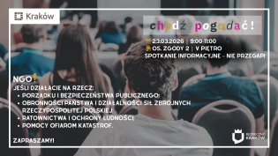 Programu poprawy bezpieczeństwa dla miasta Krakowa na lata 2025-2028, informacje na temat spotkania, w tle zdjęcie sali pełnej ludzi. 
