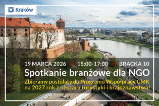 Wydział ds. Turystyki serdecznie zaprasza na spotkanie konsultacyjne, w tle zdjęcie Krakowa