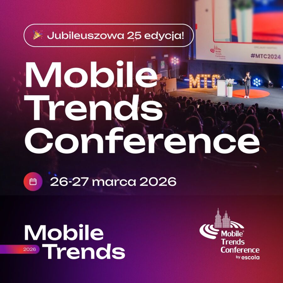 Grafika promująca konferencję Mobile Trends Conference.Na czerwono-amarantowym cieniowanym tle nazwa i data wydarzenia  a w górnym prawym rogu zdjęcie z sali konferencyjnej.  