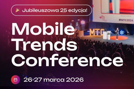 Grafika promująca konferencję Mobile Trends Conference.Na czerwono-amarantowym cieniowanym tle nazwa i data wydarzenia  a w górnym prawym rogu zdjęcie z sali konferencyjnej.  