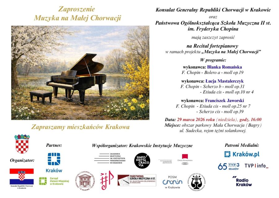 Grafika zaproszenia na koncert fortepianowy Muzyka na Małej Chorwacji 29 marca 2026. Po lewej tekst z listą utworów a po prawej grafika ukazująca fortepian w otoczeniu kwitnących wiśni 