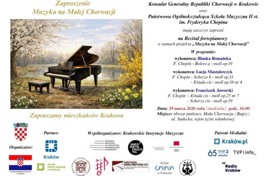 Grafika zaproszenia na koncert fortepianowy Muzyka na Małej Chorwacji 29 marca 2026. Po lewej tekst z listą utworów a po prawej grafika ukazująca fortepian w otoczeniu kwitnących wiśni 