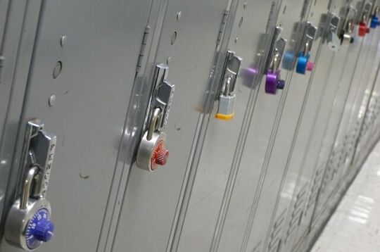 Grafika przedstawia rząd szafek w kolorze szarym zamkniętych na kłódki. 