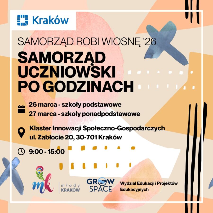 Samorząd Robi Wiosnę - wydarzenie skierowane do szkół. Na grafice widać terminy, godziny wydarzenia oraz łososiową grafikę w tle bez osób.