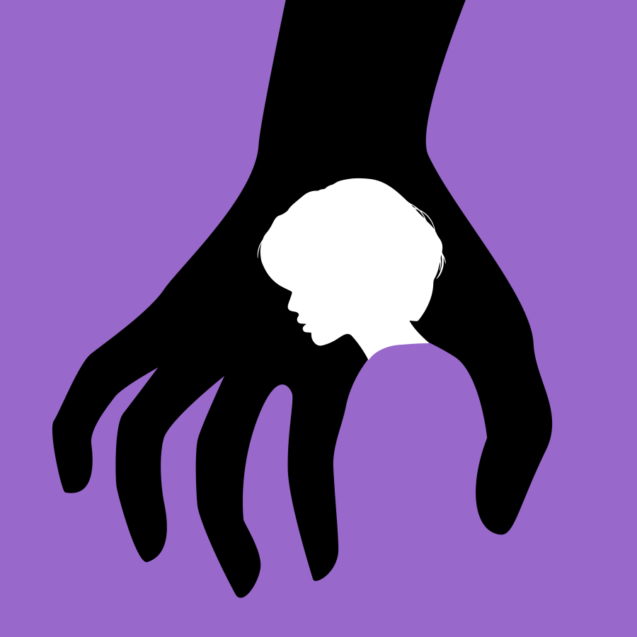 grafika - na fioletowym tle rozcapierzona złowrogo dłoń i wpisana w nią sylwetka kobiety