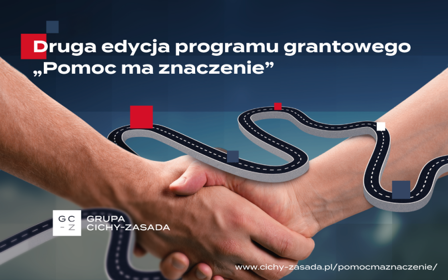 Grafika przedstawia dwie podane sobie na przywitanie dłonie na tle drogi, informację o stronie internetowej programu "Pomoc ma znaczenie".