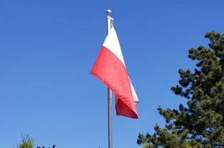 Grafika przedstawia flagę polski powiewającą na maszcie, na tle lasu i nieba.