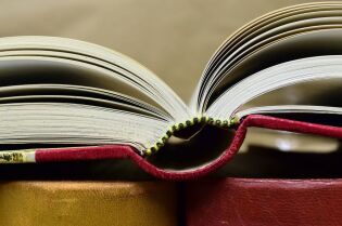 Grafika przedstawia fragment otwartej książki w czerwonej okładce.