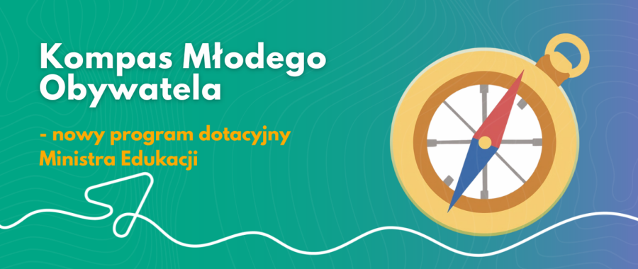 Na zielonym tle napis Kompas Młodego Obywatela i obrazek kompasu.