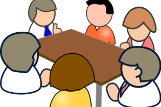 Grafika przedstawia kolorowe postacie, siedzące przy stole.