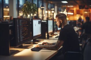 Grafika przedstawia postać, siedzącą w biurze przed monitorem komputera.