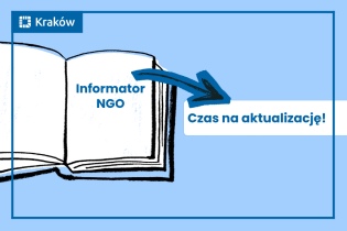 Informacja o potrzebie aktualizacji Informatora z ofertą NGO, w tle zarys książki 