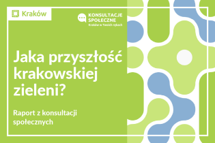 Biały napis na zielonym tle, z zielono-szaro-białymi abstrakcyjnymi wzorami po prawej stronie:
Jaka przyszłość krakowskiej zieleni? Raport z konsultacji społecznych