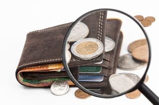 Grafika przedstawia portfel, wokół którego leżą monety, widziane przez lupę powiększającą.