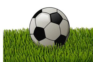Grafika przedstawia piłkę do piłki nożnej, leżącą na zielonej trawie.