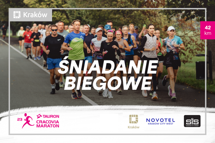 Baner promocyjny na tle biegnących osób w parku. Na pierwszym planie biały prostokąt z napisem „Śniadanie biegowe”. Na dole widoczne logo 23. Tauron Cracovia Maraton oraz inne logotypy.